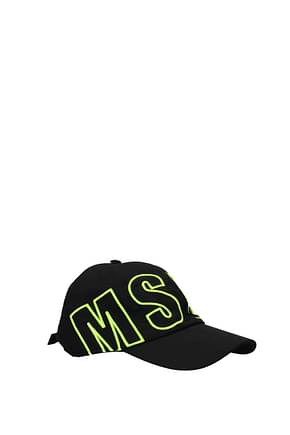 MSGM Hats Men Cotton Black Fluo Yellow